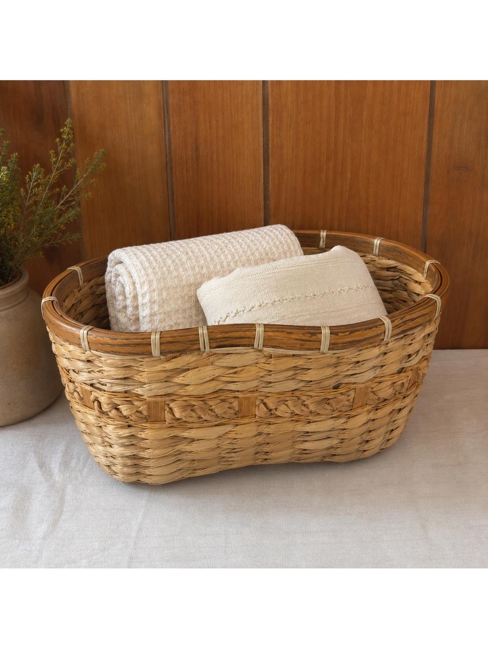 Vintage Woven Natural Fiber Basket Oval Rustic Farmhouse Storage Decor 14x7x6